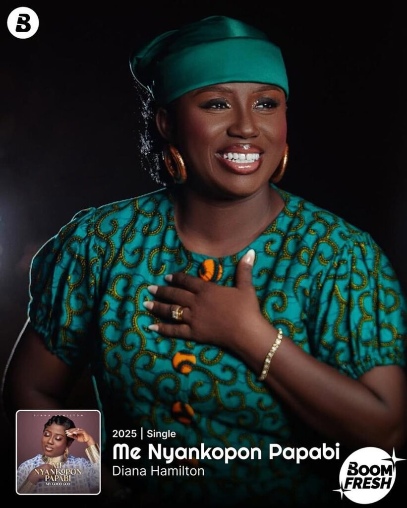a picture of Ghanaian gospel singer Diana Hamilton being featured on Boomplay music on the trending Ghana Gospel songs in 2025.