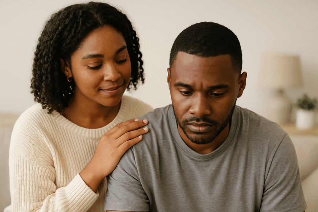 Young Christian couple sitting together on a beige sofa, sharing a quiet moment of connection and love in their marriage. Things I've learned about love