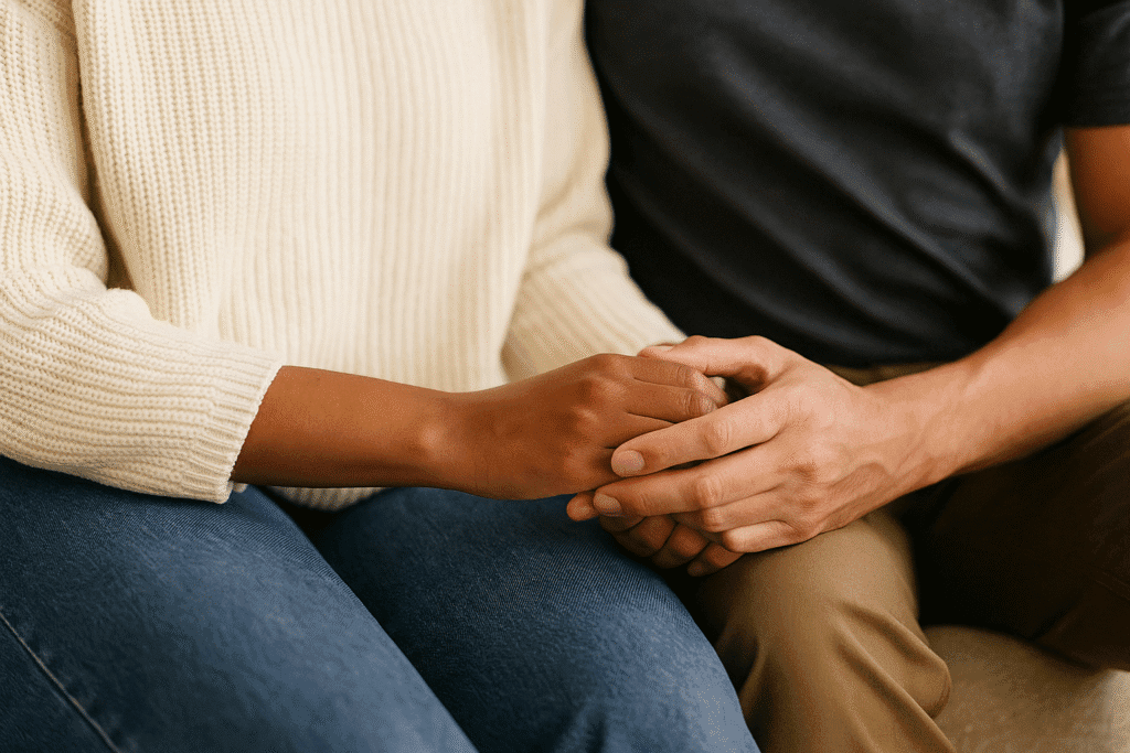 Clasped hands of a Christian couple sitting side by side, symbolizing love, unity, and marriage in a peaceful home setting. things i've learned about love