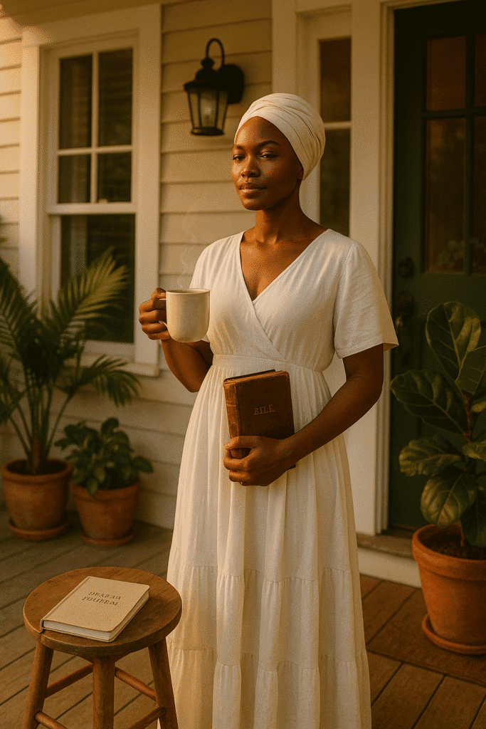 Black woman practicing intentional living through morning prayer and stillness in a peaceful home setting