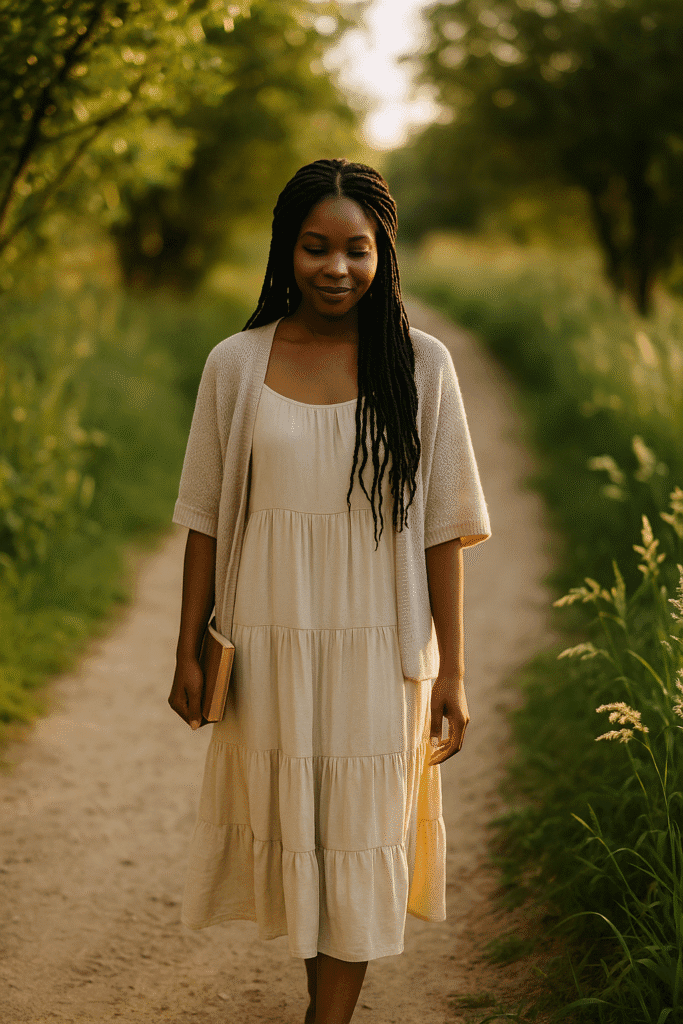 Black Woman Walking in Nature – Embracing Soft Summer and Intentional Living