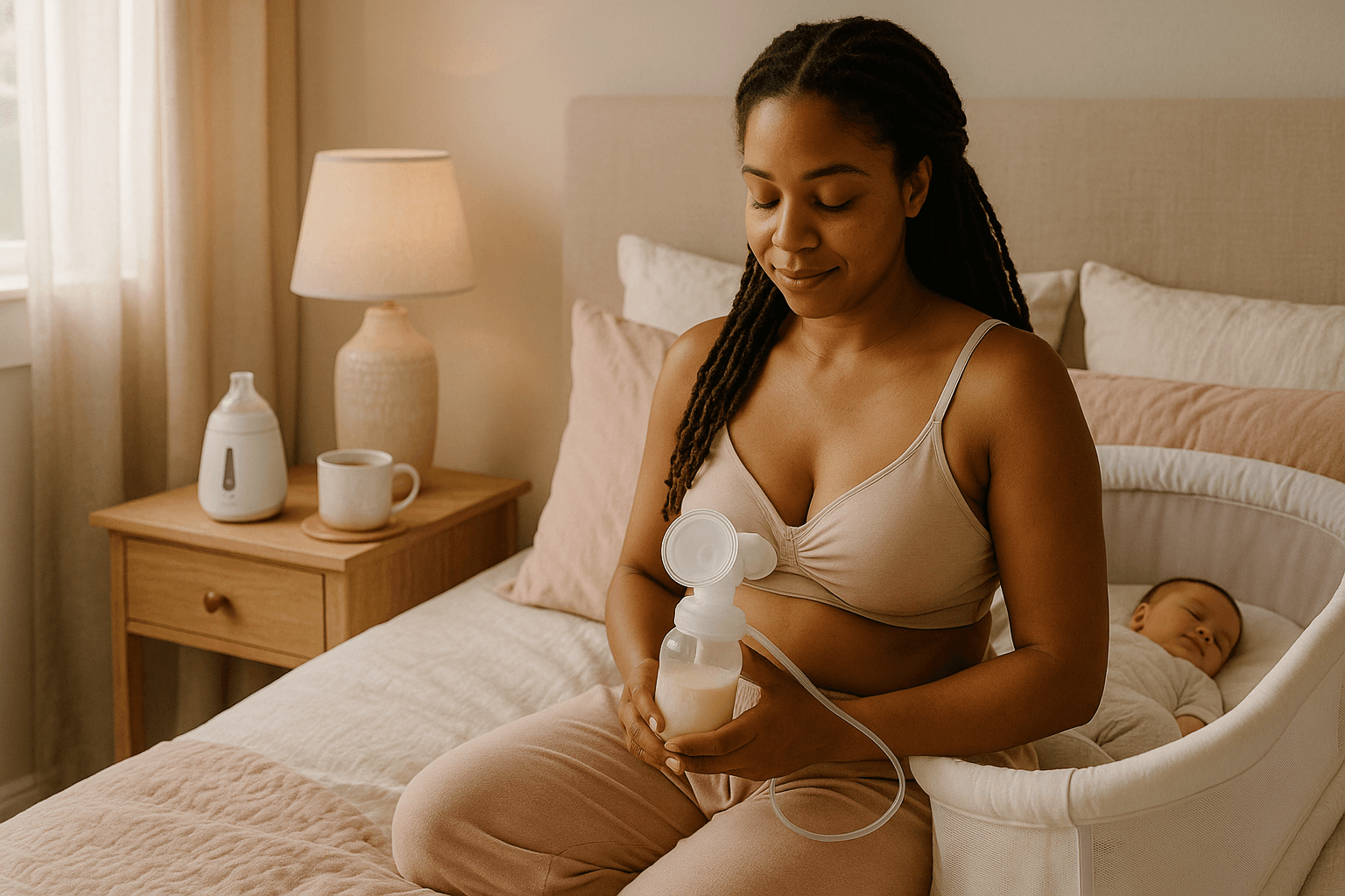 A flat lay of five must-have items for first-time moms on a clean white blanket: electric breast pump, baby bottle warmer, nursing bra, lactation granola bar, and a folded co-sleeper bassinet. Include a sprig of eucalyptus or soft flowers for warmth. Shot in bright, natural daylight with soft shadows. Realistic, high-resolution image.