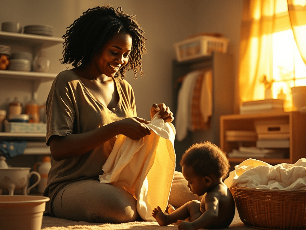 A mother smiling while folding laundry, with a baby sitting on the floor in front of her, in a warmly lit room. The picture speaks about the spiritual meaning of motherhood