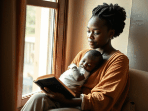 A young African mother sitting by a window in soft natural light, holding a Bible in one hand and a baby in the other, with a peaceful, reflective expression. Cozy home setting. Warm tones. Emotional and serene mood.
