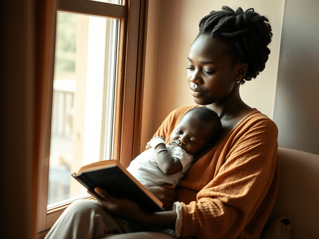 A young African mother sitting by a window in soft natural light, holding a Bible in one hand and a baby in the other, with a peaceful, reflective expression. Cozy home setting. Warm tones. Emotional and serene mood.