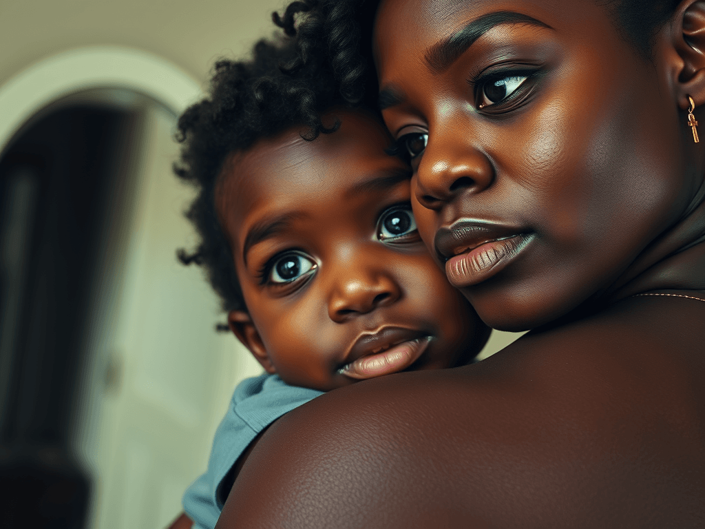 Close-up of a mother looking in the mirror with her baby on her hip. Her expression is calm and thoughtful. Add soft lighting and subtle symbolic elements like a small cross necklace, or a verse on the mirror. it indicates the spiritual meaning of motherhood.