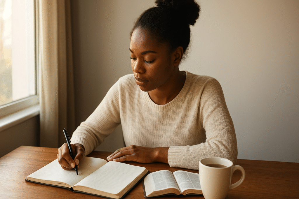 A young African woman journaling with her Bible and tea in the morning, practicing daily habits for success.