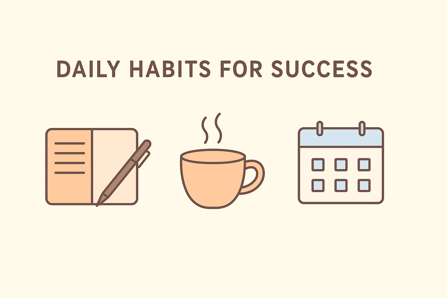 Minimalist icons of a journal, coffee, and calendar representing daily habits for success.