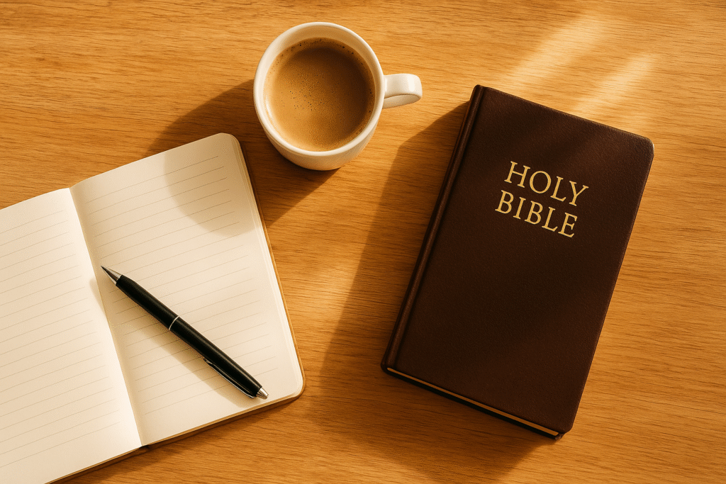 Flat-lay of a journal, pen, coffee, and Bible on a desk, symbolizing faith-centered daily habits for success.