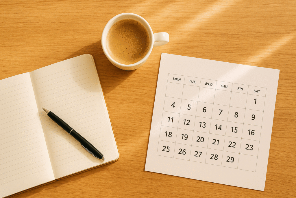 Flat-lay of a journal, pen, coffee, and calendar on a wooden desk, inspiring organized daily habits for success.