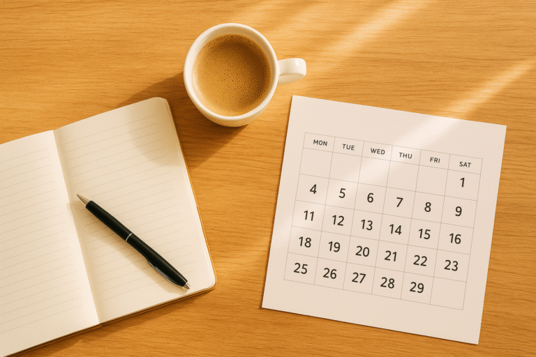Flat-lay of a journal, pen, coffee, and calendar on a wooden desk, inspiring organized daily habits for success.