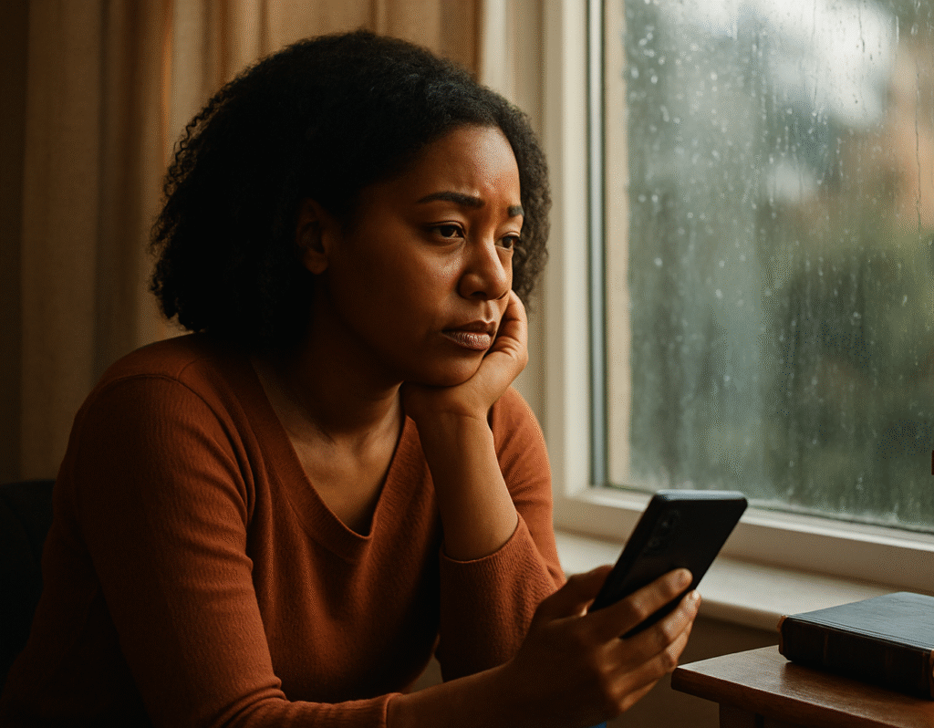 image of a black woman sitting alone by a window on a rainy day, looking reflective and emotional, thinking about her affair that destroyed her marriage.