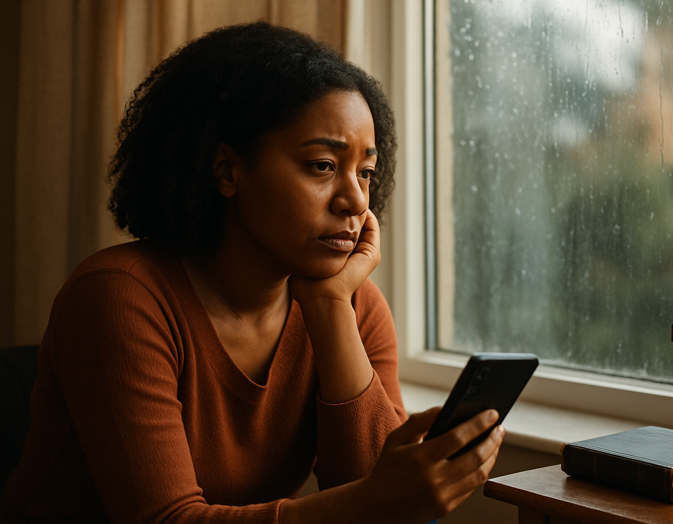 image of a black woman sitting alone by a window on a rainy day, looking reflective and emotional, thinking about her affair that destroyed her marriage.