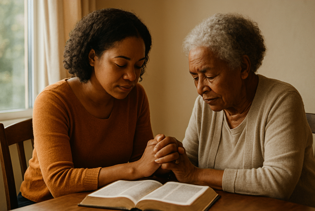 image of a middle-aged black woman praying with her elderly mother at a dining table, heads bowed, holding hands, an open Bible in front of them.