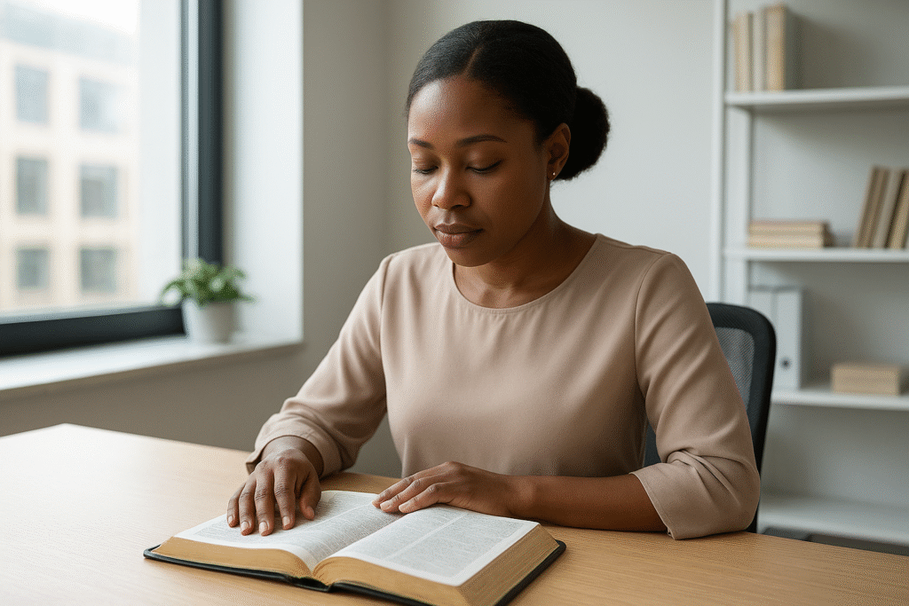 A Black woman reading the Bible in an office setting, reflecting on her spiritual life in a calm and peaceful atmosphere.