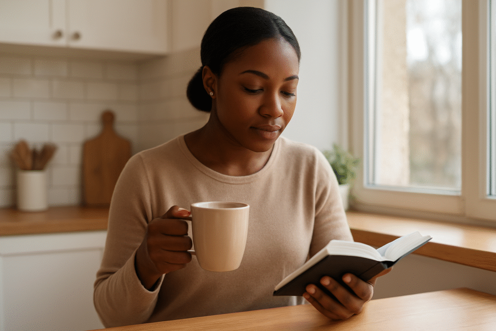 A Black woman in a cozy kitchen reading a Bible while drinking tea, showing how faith can be part of everyday routines.