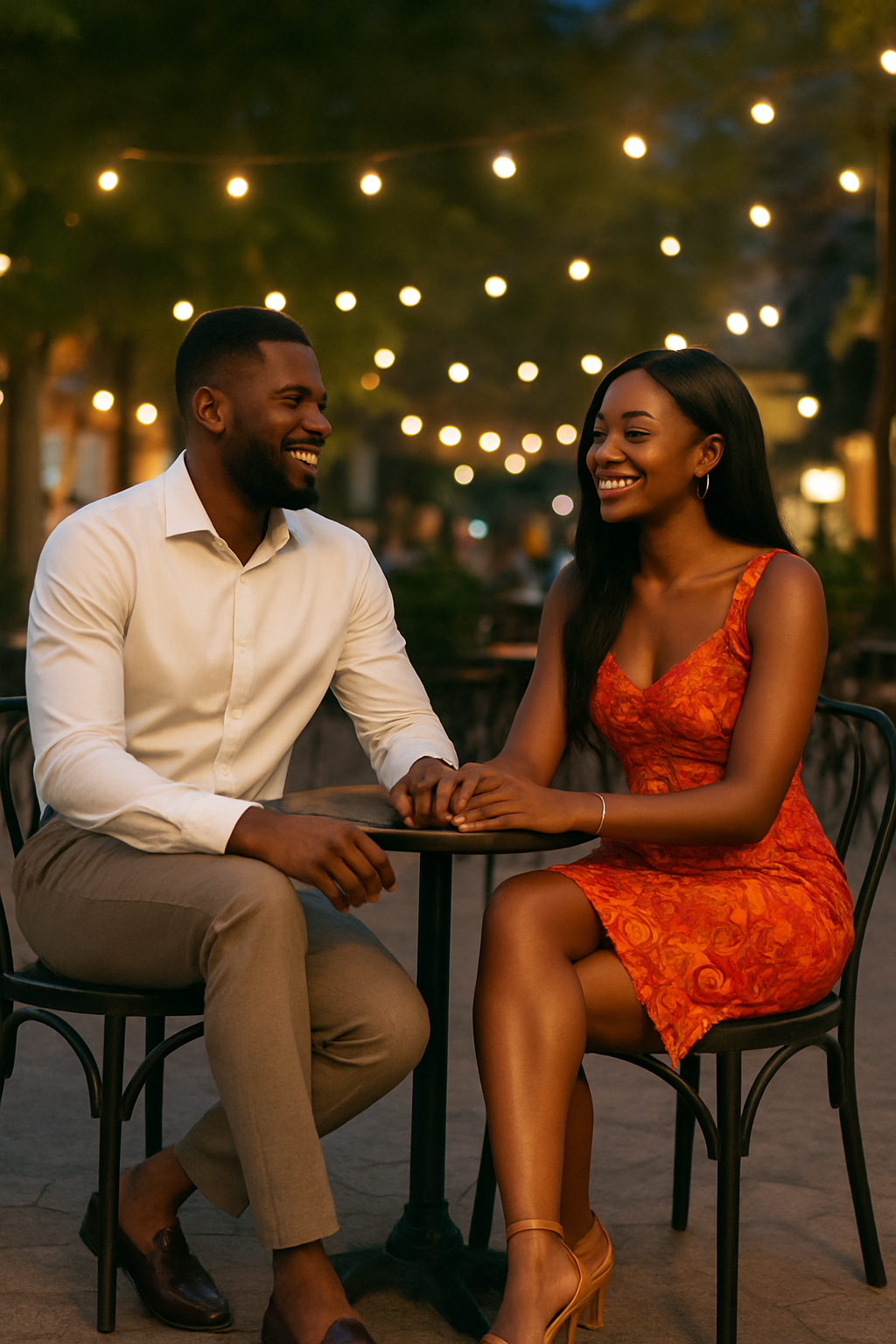 A stylish young Ghanaian couple enjoying their evening at a café, showcasing elegant first date outfits in Accra.