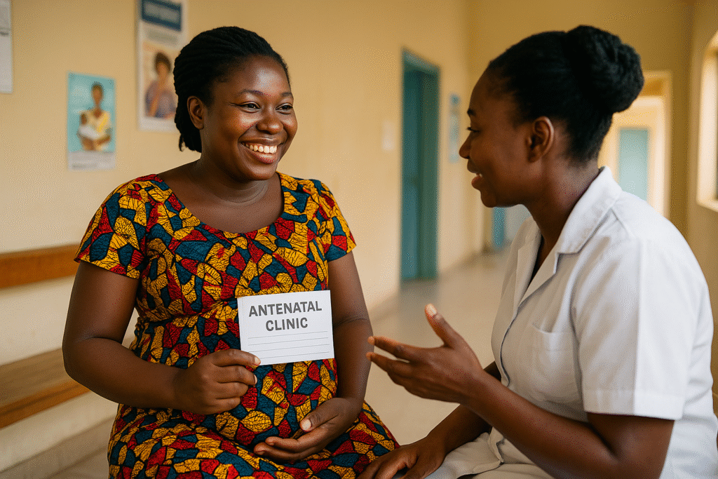 A smiling pregnant Ghanaian woman in a colourful Ankara dress holding her clinic card while a midwife explains — pregnancy journey in Ghana.