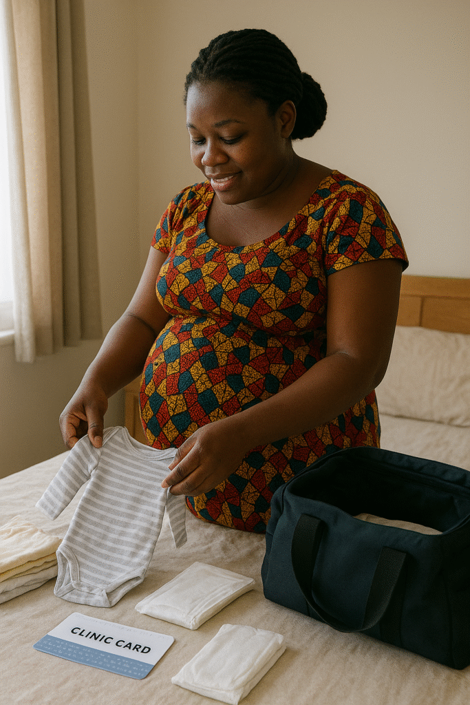 A heavily pregnant Ghanaian woman packing her hospital bag with baby clothes, sanitary pads, and a clinic card — pregnancy journey in Ghana.