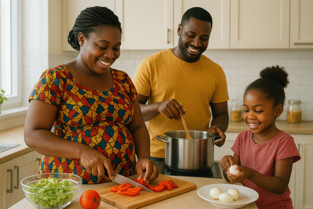 A Ghanaian family cooking together at home — pregnant mother, partner, and child enjoying their time together. pregnancy journey in Ghana.