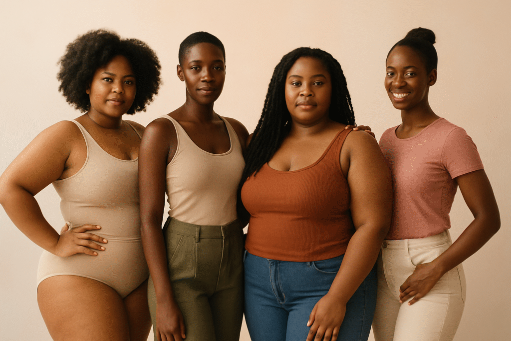 A diverse group of Black women of different body types and skin tones standing together confidently, representing the beauty of uniqueness.