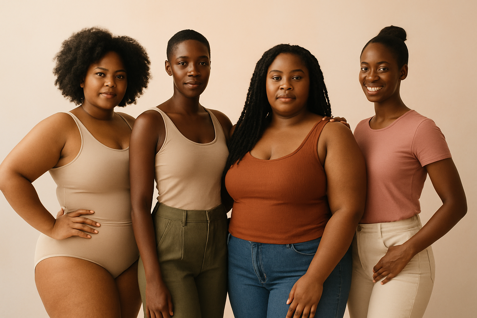A diverse group of Black women of different body types and skin tones standing together confidently, representing the beauty of uniqueness.