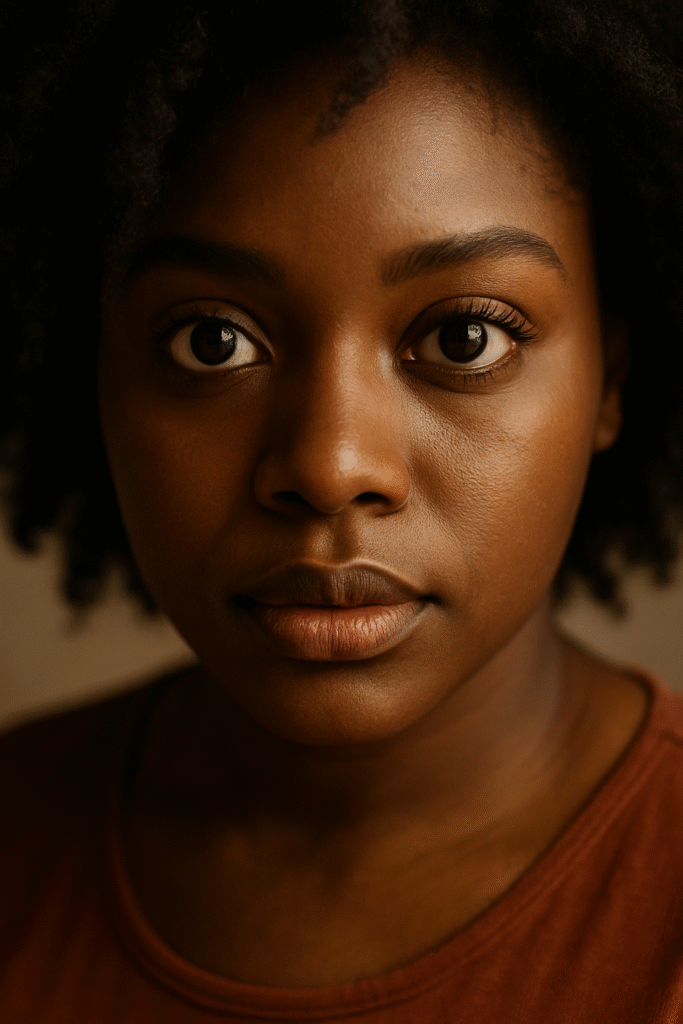 lose-up portrait of a Black woman with striking, expressive eyes, highlighting natural beauty and uniqueness.