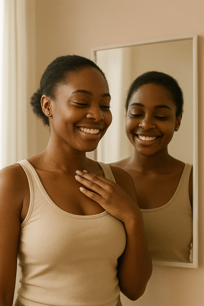 A young African woman smiling warmly at herself in the mirror, radiating natural beauty and self-love.