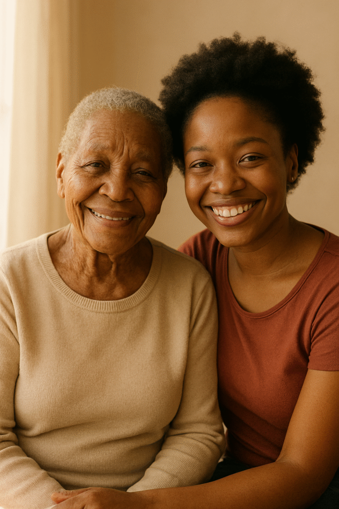 An elderly African woman with graceful wrinkles smiling with her granddaughter, showing the timeless beauty of love and joy.