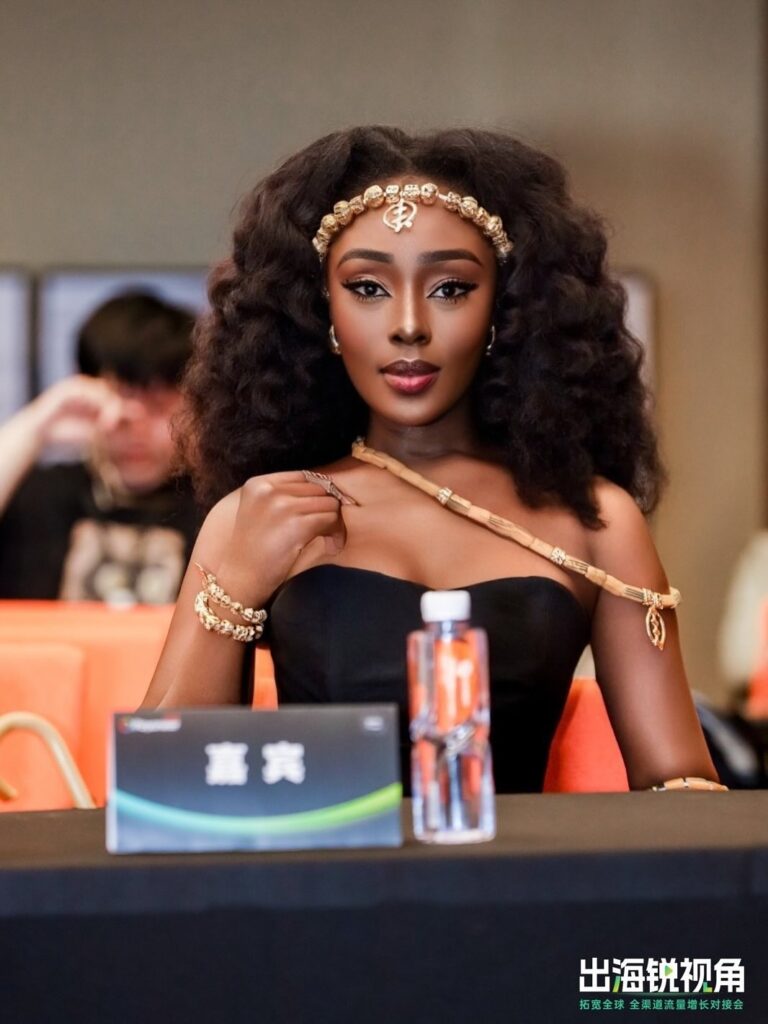 Picture of Ghanaian celebrity Abena Akuaba adorned with beaded accessories. This is Ghanaian Fashion style.