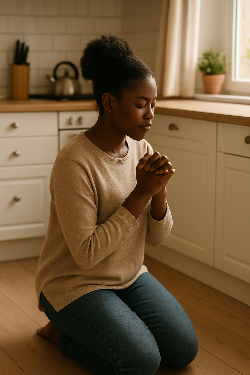 A Black woman kneeling quietly in her kitchen, clasping her hands in prayer, reflecting on finding God in everyday challenges.