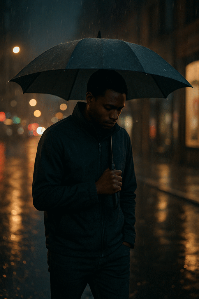 A Black man walking on a rain-drenched street with an umbrella, head bowed in thought, reflecting on finding God in everyday challenges.