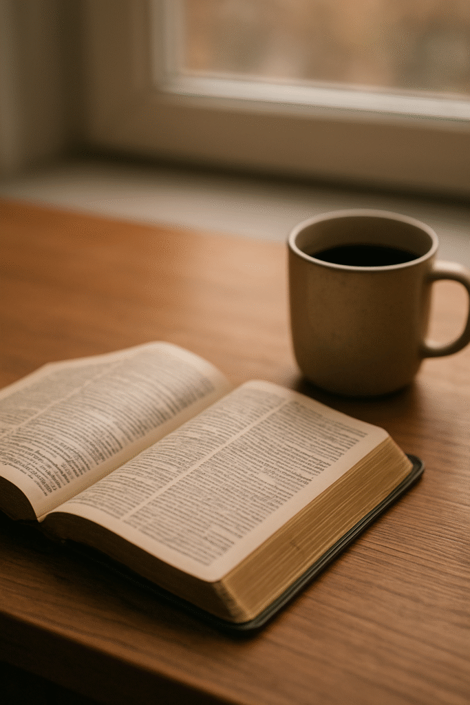 An open Bible beside a cup of coffee on a wooden table with soft light, a reminder of finding God in everyday challenges.