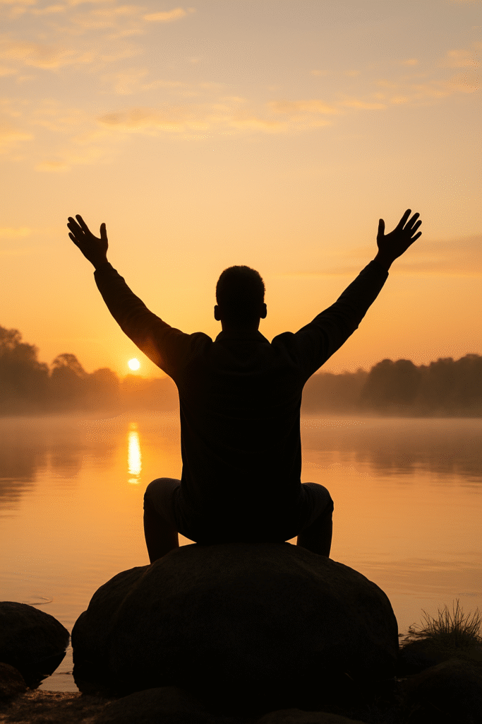 A man sitting on a rock by a river at dawn with arms raised, symbolizing faith and finding God in everyday challenges.