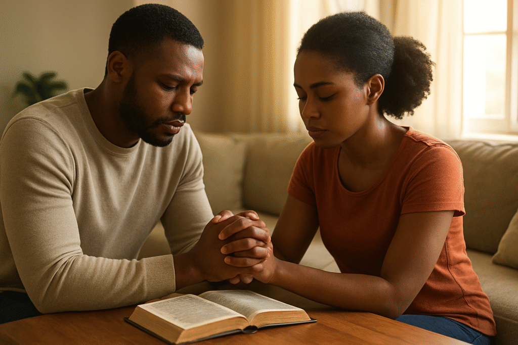 A Ghanaian couple praying together at home with a Bible open — symbolizing faith, unity, and the strength of marriage and family.