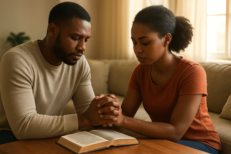 A Ghanaian couple praying together at home with a Bible open — symbolizing faith, unity, and the strength of marriage and family.