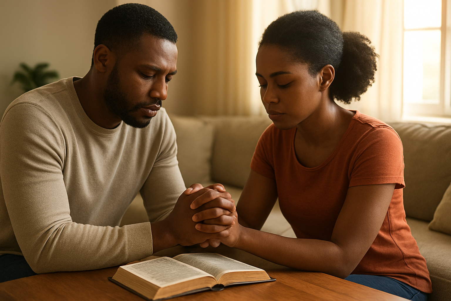 A Ghanaian couple praying together at home with a Bible open — symbolizing faith, unity, and the strength of marriage and family.