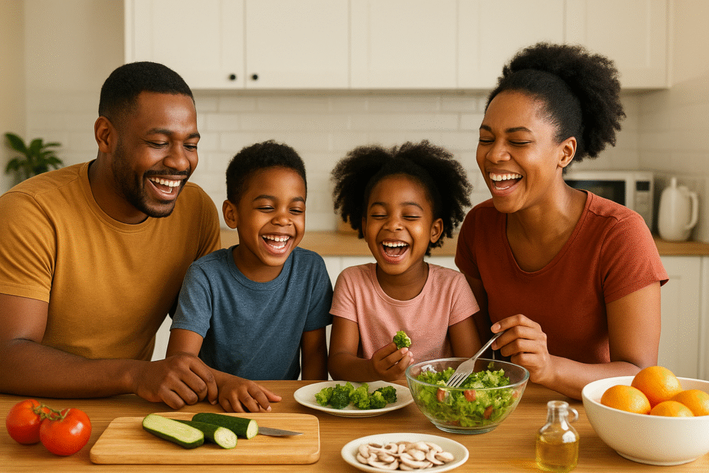 A happy Ghanaian family cooking together, showing love, unity, and togetherness in marriage and family life.