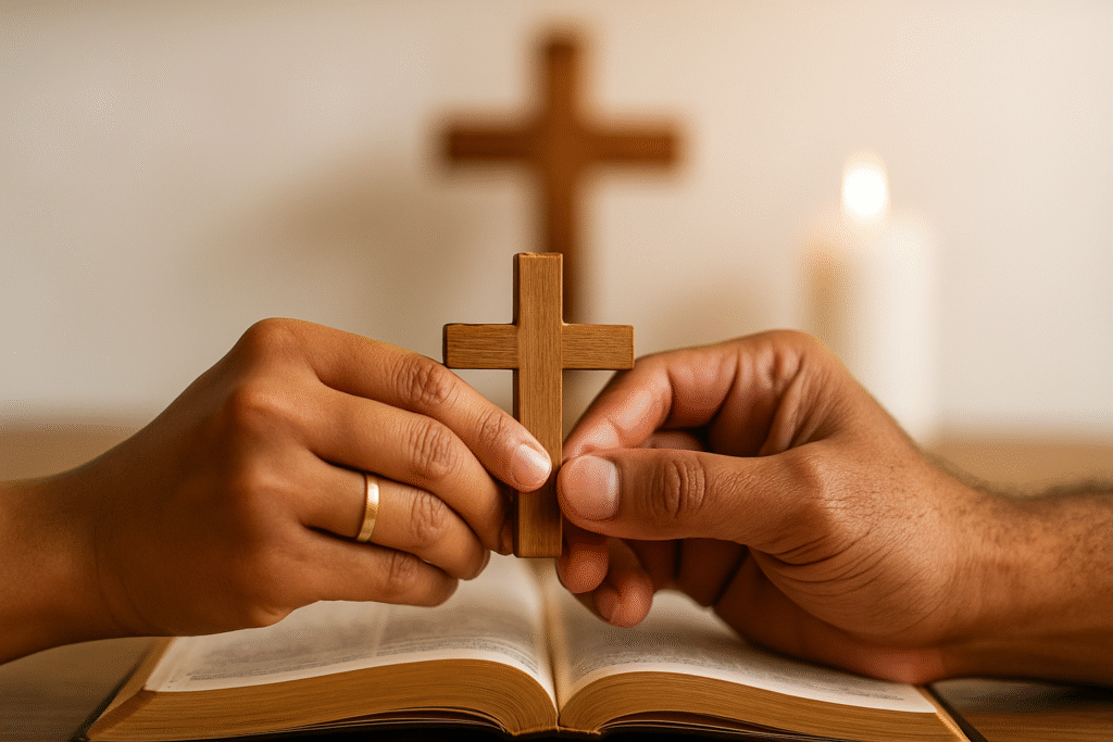 Husband and wife holding a cross together, representing unity, prayer, and faith in marriage and family.