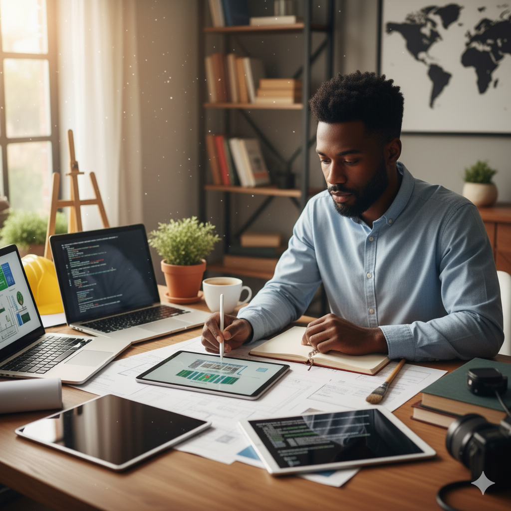 Picture of a young man in his office. This is a clear career path for him