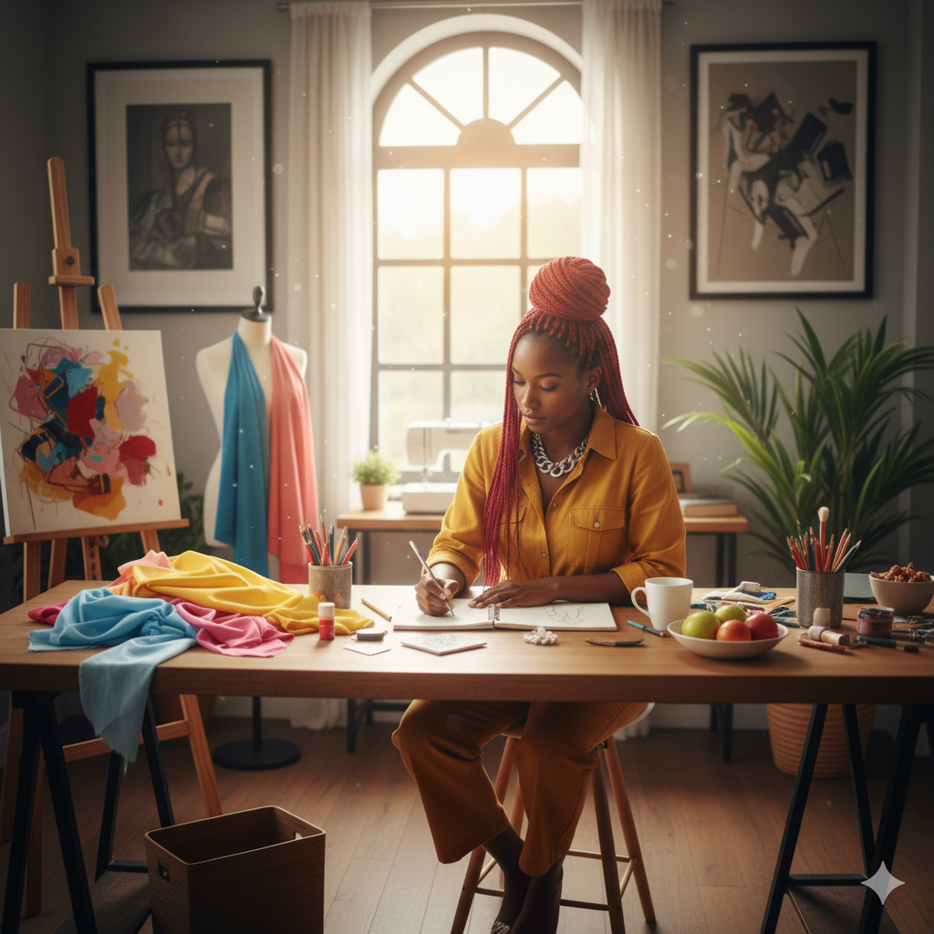 Picture of a beautiful female fashion designer working on some designs, signalling that she's pursuing the right career path for herself.