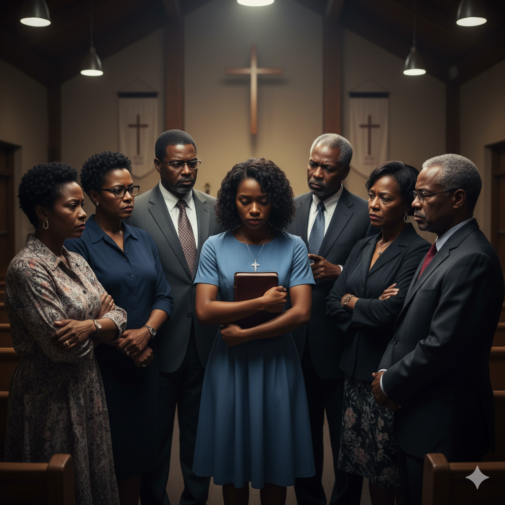 A picture of a black christian woman being judged harshly by a group of black people. The people should have a balanced gender male and female.