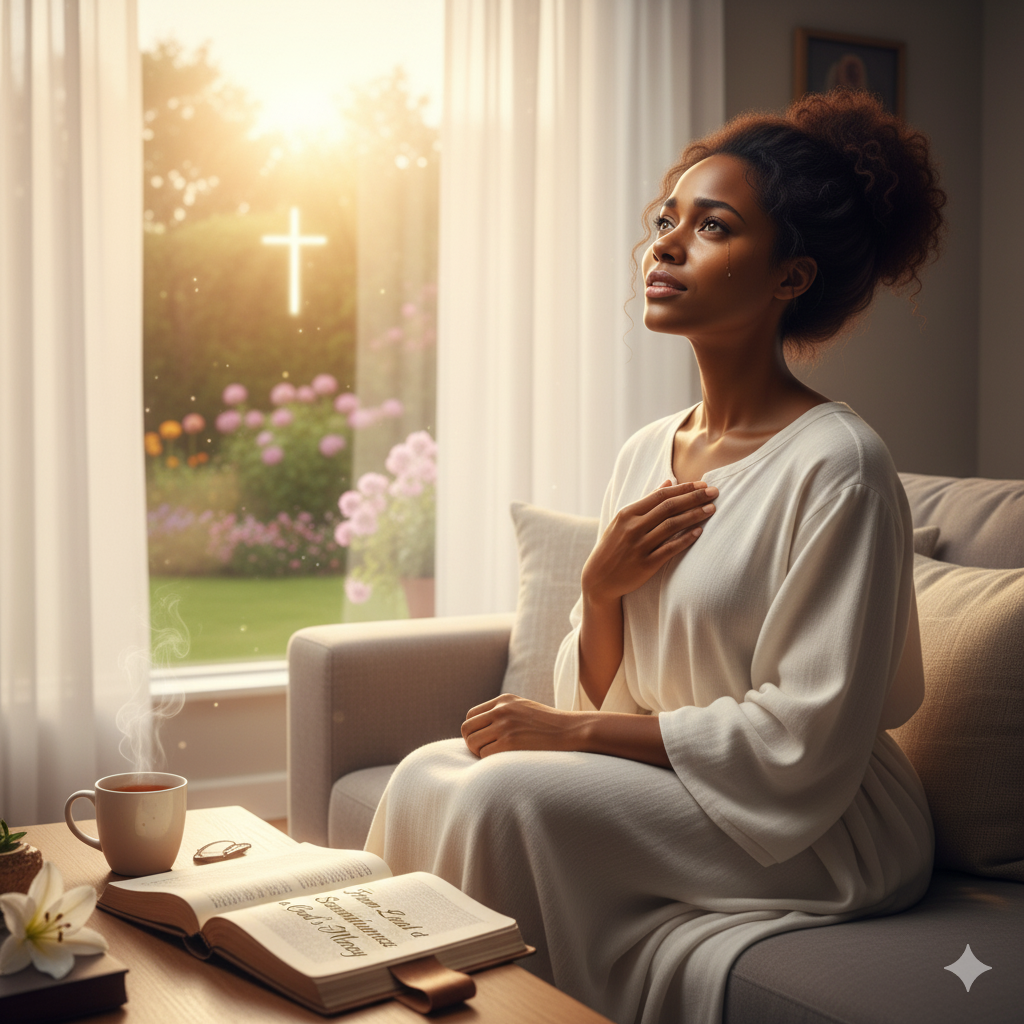 A picture of a black girl in a white maxi dress, sitting on a sofa with a bible in front of her. She's speaking to God.