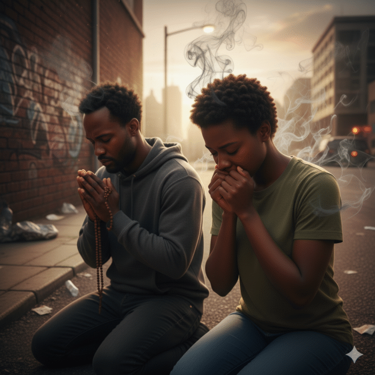 A picture of two black people kneeling and praying for their sins, showing the hidden struggles of the religious.