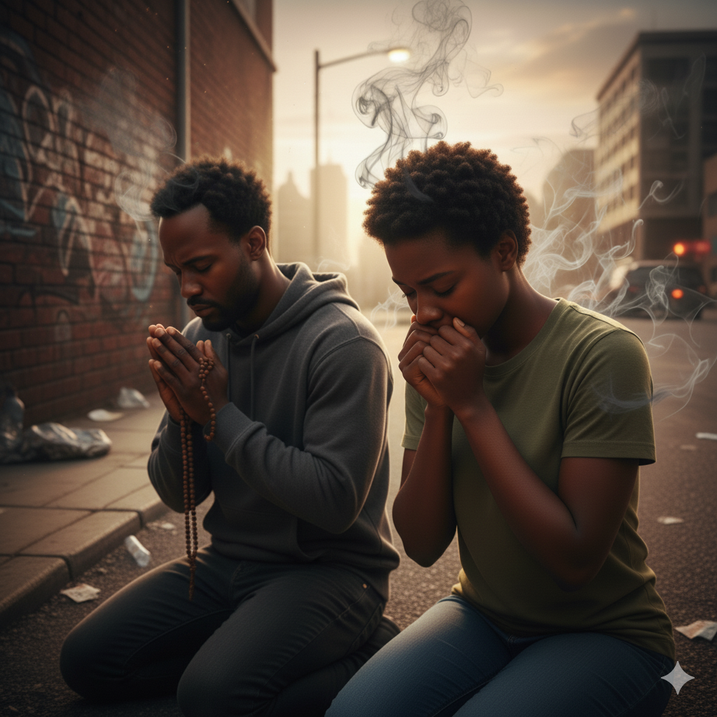 A picture of two black people kneeling and praying for their sins, showing the hidden struggles of the religious.
