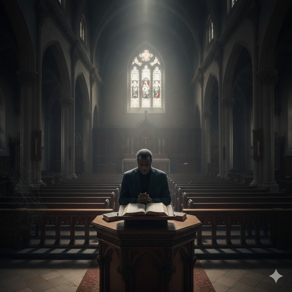 A picture of a black pastor standing behind a pulpit. In secrete is the hidden strugles of the religious people.