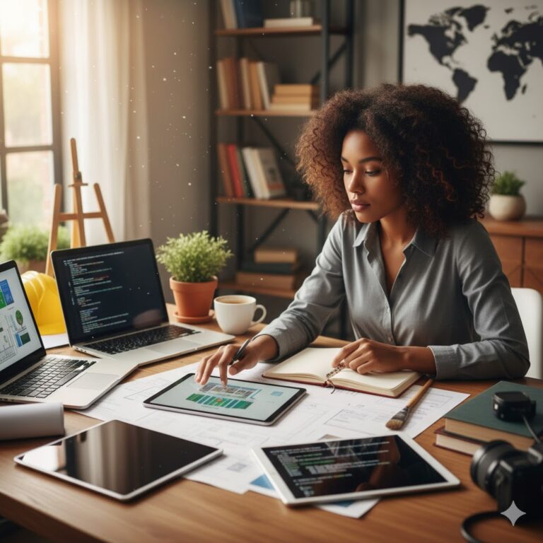 A picture of a black woman searching for the right career path to take.