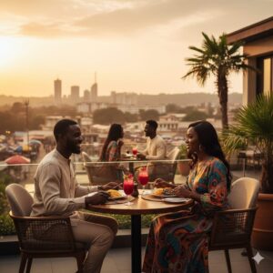 A picture of a Ghanaian couple in an open restaurant smiling and having a lovely conversation. The dating tips all men should know