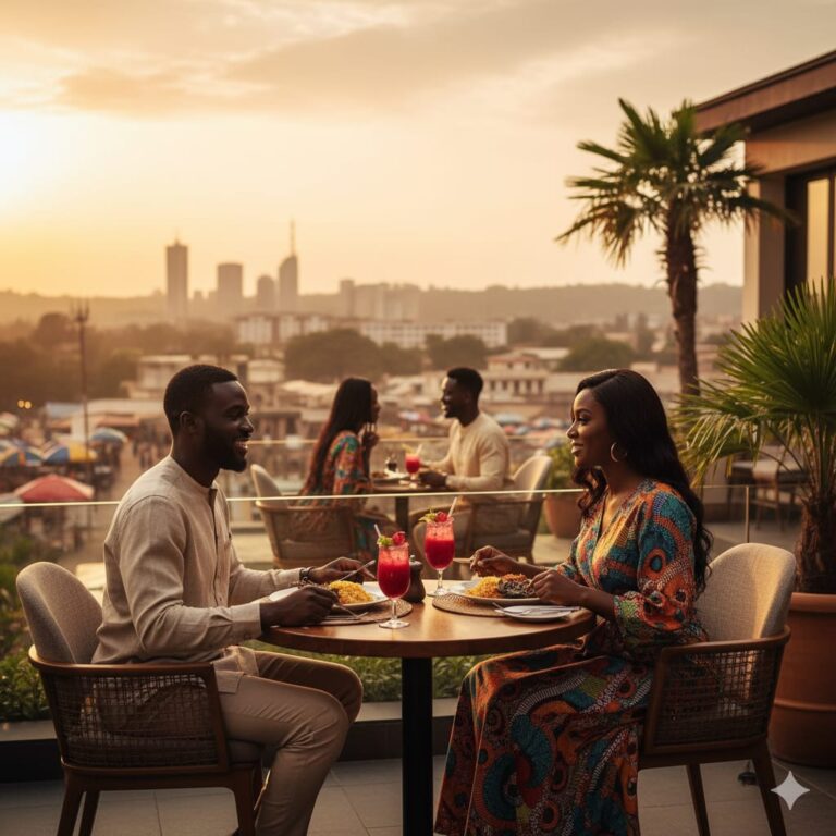 A picture of a Ghanaian couple in an open restaurant smiling and having a lovely conversation. The dating tips all men should know