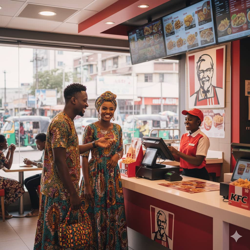 A picture of a Ghanaian couple ordering food at KFC.